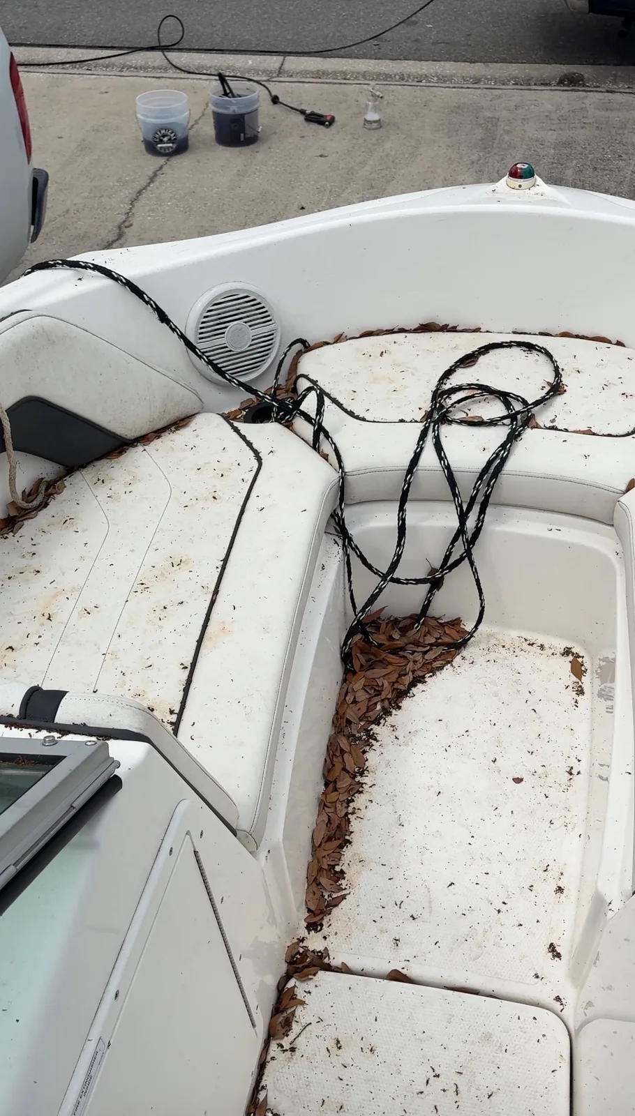 Dirty white boat seating before detail